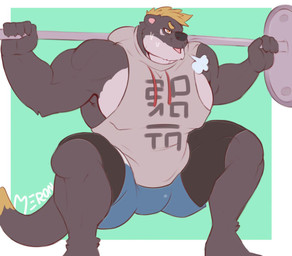 5_fingers anthro barbell barbell_squats biceps bodily_fluids breathing clothing crouching exercise fingers male muscular muscular_anthro muscular_male pecs shirt solo squats sweat sweatshirt text topwear weightlifting workout merong blitzkrieg mammal mustelid otter 2020 alternate_version_at_source japanese_text