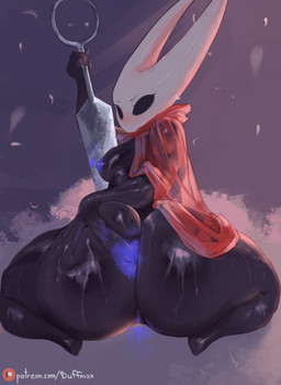 anthro anus big_anus big_butt black_body blue_anus blue_nipples blue_vulva breasts butt cloak cloak_only clothing female genitals horn hornet's_needle huge_butt kneeling melee_weapon nipples presenting presenting_anus presenting_hindquarters red_cloak red_clothing solo spread_butt spreading vulva weapon duffmox hollow_knight_(franchise) team_cherry hornet_(hollow_knight) arthropod absurd_res hi_res