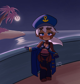 anthro blush clothing detailed_background female front_view hat headgear headwear lingerie lingerie_under_uniform looking_at_viewer moon night on_ship outside peaked_cap seductive ship short_female solo standing tail tail_around_leg undressing uniform vehicle watercraft wayesh bloons_tower_defense ninja_kiwi admiral_brickell haplorhine mammal monkey primate 2022 absurd_res dated hi_res signature