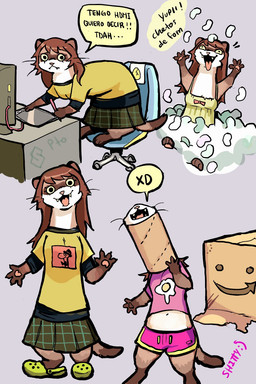 anthro bite_mark bottomwear box breasts brown_body brown_fur brown_hair chair claws clothing container drawing_tablet electronics eyelashes fangs female footwear fur furniture hair holding_object holding_stylus looking_at_viewer navel open_mouth packing_peanuts pawpads paws screen semi-anthro shirt shorts simple_background skirt small_breasts solo speech_bubble stuck stylus t-shirt tail teeth text tongue tongue_out topwear whiskers xd yellow_sclera sh1tty cool_s crocs domestic_ferret mammal mustelid musteline true_musteline weasel 2025 2:3 hi_res signature spanish_text translated