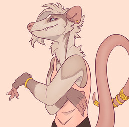 accessory ambiguous_gender anthro bracelet claws clothing ear_piercing ear_ring finger_claws furgonomics jewelry long_snout neck_tuft piercing ring ring_piercing sharp_teeth shirt simple_background snout solo tail tail_accessory tail_jewelry tail_ring tank_top teeth teeth_showing topwear tuft commander_braithor tiki_(commander_braithor) american_opossum mammal marsupial half-length_portrait portrait