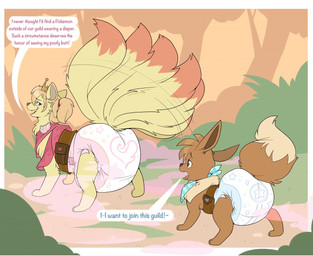 3_toes 6_tails ambiguous_gender bag big_diaper blonde_hair blue_kerchief blue_neckerchief blush blush_lines bodily_fluids brown_body brown_fur brown_inner_ear brown_nose brown_tail clean_diaper clothed clothing crown detailed_background dialogue diaper dipstick_tail drooling duo fangs feet feral fur gas grass grey_inner_ear grey_nose hair head_tuft headgear heart_eyes heart_symbol hypnosis hypnotic_gas kerchief looking_at_another looking_at_partner looking_back looking_back_at_another looking_back_at_partner markings mind_control multi_tail multicolored_body multicolored_fur narrowed_eyes neckerchief neckwear open_mouth open_smile pattern_kerchief pattern_neckerchief plant red_body red_fur red_hairband red_scarf red_tail_tip saliva satchel scarf shrub smile speech_bubble standing striped_kerchief striped_neckerchief tail tail_markings tail_motion tailwag tan_body tan_fur tan_tail tan_tail_tip teeth text tilde_after_text toes tree tuft two_tone_body two_tone_fur two_tone_tail waist_accessory wearing_diaper wetness_indicator yellow_body yellow_fur yellow_tail bubblepuppers nintendo pokemon pokemon_mystery_dungeon spike_chunsoft bud_(moon_is_baby) fan_character eevee generation_1_pokemon ninetales pokemon_(species) english_text