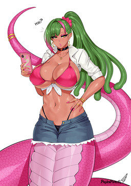accessory alternative_fashion apode big_breasts bikini bikini_top bracelet breasts cellphone choker clothing colored_nails ear_piercing electronics eyelashes eyeshadow female furgonomics green_hair gyaru hair hand_on_hip huge_breasts j-fashion jewelry legless living_hair makeup nails navel necklace phone piercing pink_body pink_scales ponytail pseudo_hair ring scales serpentine shirt smartphone snake_hair solo split_form swimwear tail tail_accessory tail_jewelry tail_ring tan_body tan_skin thong tied_shirt topwear two-piece_swimsuit underwear yellow_eyes pashapencil european_mythology greek_mythology mythology draconcopode gorgon lamia reptile scalie snake 2025 absurd_res hi_res