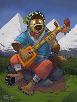 5_fingers 5_toes adolescent anthro arm_tuft barefoot biped black_claws black_eyebrows black_nose black_pawpads blue_clothing blue_shirt blue_topwear bottomwear boulder brown_eyes chest_tuft claws clothing digitigrade dipstick_tail dramyin elbow_tuft eyebrows feet fingers fur happy hat head_tuft headgear headwear male markings mountain multicolored_body multicolored_fur multicolored_tail musical_instrument open_mouth pants pawpads playing_music plucked_string_instrument rainbow red_bottomwear red_clothing red_pants rock shirt sitting solo string_instrument tail tail_markings toes tongue tongue_out topwear tuft tunic two_tone_body two_tone_fur young k-9 rock_dog bodi_(rock_dog) canid canine canis domestic_dog livestock_guardian_dog mammal molosser mountain_dog pastoral_dog tibetan_mountain_dog hi_res