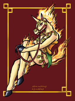 anthro bdsm bit_gag blush border breasts bridle chest_harness female fire flaming_hair flaming_tail gag gold_border halter harness harness_bit_gag harness_gag holidays looking_at_viewer open_mouth outside_border pasties patina petplay ponyplay pose pseudo_hair red_background red_eyes reins roleplay saddle saddle_blanket simple_background solo tail text nsfwulf chinese_new_year chinese_zodiac ko-fi lunar_new_year nintendo patreon pokemon year_of_the_horse generation_1_pokemon pokemon_(species) rapidash absurd_res hi_res pinup url