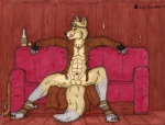 alcohol animal_genitalia anthro balls beverage clothing coat food furniture genitals gun hunter male penis penis_tip pose ranged_weapon sheath shotgun sofa solo tail topwear trenchcoat weapon western ace_stryker canid canine canis coyote mammal 2011 pinup