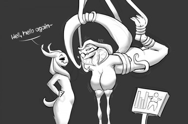 annoyed anthro arms_tied big_breasts bodily_fluids body_modification bound breast_expansion breast_milking breasts duo expansion female gag hanged horn huge_breasts lactating legs_tied looking_at_another male male/female sagging_breasts simple_background smile standing submissive submissive_anthro submissive_female tentacle_milking tentacles text transformation rfta kinktober kinktober_2025 zuri_(rfta) alien alien_humanoid cobra humanoid reptile scalie snake english_text hi_res monochrome sketch