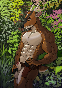 abs animal_genitalia animal_penis anthro antlers belt belt_only biped black_body black_fur black_nose brown_body brown_fur cheek_tuft closed_frown facial_tuft fangs featureless_chest frown fur fur_tuft genitals grey_eyes gun gun_holster hand_on_balls hand_on_own_balls horn male mouth_closed multicolored_body multicolored_fur muscular muscular_anthro muscular_male pecs penis ranged_weapon scut_tail short_tail solo tail teeth tuft weapon white_body white_fur sinide cervine deer mammal muntjac hi_res