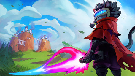 anthro black_body black_fur building cape clothing cloud day detailed_background female fur grass holding_melee_weapon holding_object holding_sword holding_weapon mask melee_weapon plant solo sword visor weapon garrett_hanna rivals_of_aether clairen_(rivals_of_aether) felid feline mammal hi_res official_art
