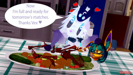anthro apple apple_in_mouth bloated bone cannibalism character_prepared_as_food cutlery death disembodied_head dolcett duo female female/female food foot_on_table forced fork fruit furniture gore holding_belly kitchen_utensils knife nipples on_table pineapple_slice plant plate roasted skeleton speech_bubble table tools vegetable il00 league_of_legends riot_games tencent kindred_(lol) lamb_(lol) vex_(lol) 16:9 3d_(artwork) digital_media_(artwork) hi_res widescreen