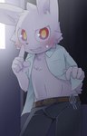 anthro belt black_bottomwear black_clothing black_nose black_pants blushing_at_viewer bodily_fluids bottomwear brown_belt chest_tuft clothed clothing collared_shirt dress_shirt fingers fur glistening glistening_bodily_fluids glistening_eyes glistening_sweat holding_clothing holding_object holding_shirt holding_topwear looking_at_viewer male navel open_clothing open_dress_shirt open_shirt open_topwear pants presenting presenting_belly presenting_navel presenting_to_viewer pupils red_eyes shirt shush smile smiling_at_viewer solo sweat tail topwear tuft white_body white_clothing white_dress_shirt white_fur white_shirt white_topwear yellow_pupils young young_male ko-gami hantsuki_(ko-gami) lagomorph leporid mammal rabbit 2025 9:14 digital_media_(artwork) hi_res