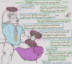 5_fingers angry anthro armpit_hair balls beak biceps big_balls big_penis biped bodily_fluids body_hair clothing cum cum_on_face dialogue disembodied_head dumbbell duo ellipsis exclamation_point exercise fingers forced forced_orgasm fur genital_fluids genitals hair hair_bun huge_balls huge_penis humanoid_genitalia humanoid_penis hybrid_genitalia hybrid_penis hyper hyper_balls hyper_genitalia hyper_penis leaking looking_at_viewer magic male mane mostly_nude muscular oblivious orgasm pecs penile_spines penis precum question_mark sex_magic shirt sigh simple_background sitting_on_balls snout solo_focus speech_bubble text topwear weightlifting weights workout koorivlf avian bird felid lion mammal pantherine 2019 digital_media_(artwork) english_text sketch story story_in_description nonbinary_(lore)