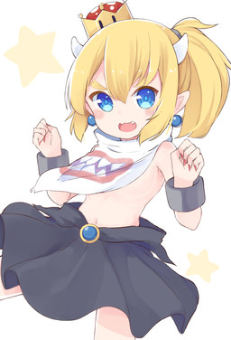 alternate_species bib black_bottomwear black_clothing black_skirt blonde_hair blue_eyes bottomwear bracelet clothed clothing crossgender crown cute_fangs ear_piercing ear_ring fangs female hair headgear horn jewelry piercing pointy_ears ring_piercing simple_background skirt solo super_crown teeth topless topless_female white_background young young_female young_humanoid iyokan_momiji bowsette_meme mario_bros nintendo bowser_jr. animal_humanoid humanoid absurd_res hi_res meme