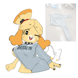 anthro big_breasts blonde_hair breasts clothed clothed_anthro clothed_female clothing collar dipstick_tail eyelashes facial_markings female female_anthro fingers front_view hair head_markings markings muzzle_(marking) one_eye_closed open_mouth open_smile simple_background smile solo spiked_collar spikes tail tail_markings tail_motion tailwag text text_on_clothing text_on_topwear topwear white_background white_tail_tip wings q_qringo animal_crossing brooklyn_sweater nintendo isabelle_(animal_crossing) canid canine canis domestic_dog mammal 2026 digital_drawing_(artwork) digital_media_(artwork) portrait