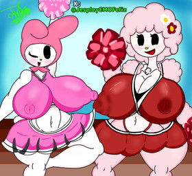 anthro big_breasts black_eyes blush bottomwear breasts cheerleader cheerleader_outfit cheerleading_pose clothing duo female fur huge_breasts nipple_outline nipples_visible_through_clothing pink_body pink_fur pink_wool pom_poms shirt skirt topwear white_body wool_(fur) jespleyemofeliz onegai_my_melody sanrio my_melody my_sweet_piano bovid caprine lagomorph leporid mammal rabbit sheep hi_res