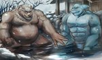 abs anthro belly detailed_background duo flirting hot_spring male male/male musclegut muscular muscular_male pecs scar snow water tor@ lifewonders live_a_hero goro_(live_a_hero) isaribi bear fish mammal marine shark 2020 hi_res