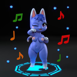 anthro areola black_background blue_body blue_fur blush blush_stickers breasts dipstick_ears ear_markings eyelashes fangs feet female front_view fur genitals gloves_(marking) gradient_background grey_background head_tuft leg_markings looking_at_viewer markings multicolored_ears musical_note musical_symbol navel nipples nude one_eye_closed open_mouth open_smile pink_areola pink_nipples purple_eyes shortstack simple_background small_breasts smile socks_(marking) solo striped_markings striped_tail stripes symbol tail tail_markings teeth thick_thighs tuft vulva white_body white_fur wide_hips wink winking_at_viewer general_buta animal_crossing nintendo rosie_(animal_crossing) domestic_cat felid feline felis mammal 1:1 3d_(artwork) digital_media_(artwork)