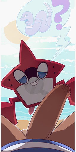 ambiguous_gender beach bedroom_eyes clothed clothing cloud duo feral first_person_view foreskin genitals half-closed_eyes interspecies male narrowed_eyes not_furry_focus partially_clothed penis pokedex pokephilia question_mark rattle_(anatomy) seaside seductive shirt sky solo_focus sun topwear enookie nintendo pokemon elio_(pokemon) animate_inanimate ekans generation_1_pokemon generation_4_pokemon human mammal pokemon_(species) reptile rotom rotom_pokedex scalie snake absurd_res hi_res