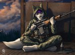 anthro black_nose bottomwear cheek_tuft clothed clothing detailed_background facial_tuft front_view fur green_bottomwear green_clothing green_pants green_topwear hair holding_sniper_rifle logo male mouth_closed outside pants purple_eyes purple_hair sitting solo topwear tuft white_body white_fur cereus93 canid mammal artist_logo artist_name full-length_portrait portrait