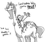 anthro claws dialogue duo exclamation_point female feral horn long_neck markings ossicone question_mark riding slightly_chubby spots spotted_body text nobby_(artist) friendship_is_magic hasbro my_little_pony kibble_(nobby) paisley_(nobby) canid diamond_dog_(mlp) giraffe giraffid mammal digital_media_(artwork) english_text greyscale monochrome