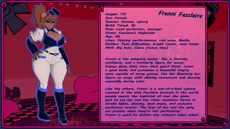 anthro armwear belt big_breasts black_armwear black_boots black_bow_tie black_clothing black_elbow_gloves black_eyeshadow black_fingerless_gloves black_footwear black_gloves black_handwear black_knee_boots black_shirt black_topwear blue_eyes blue_outline boots bottomwear bow_tie breasts brown_body brown_fur brown_hair character_description claws clothing crossgender elbow_gloves eyeshadow female fingerless_gloves footwear fur gloves hair hand_on_hip handwear hat headgear headwear knee_boots knee_highs legwear long_hair looking_at_viewer makeup mtf_crossgender outline pants ponytail puffy_sleeves shirt shoes short_sleeves smile smiling_at_viewer solo standing stated_age stated_gender stated_height stated_species text thick_thighs top_hat topwear white_bottomwear white_clothing white_pants wide_hips cryptiacurves cryptiacurves_(modeler) fazclaire's_nightclub five_nights_at_freddy's scottgames freddy_(fnaf) frenni_(cryptiacurves) bear mammal 16:9 2026 3d_(artwork) cel_shading character_name digital_media_(artwork) english_text full-length_portrait hi_res portrait shaded widescreen