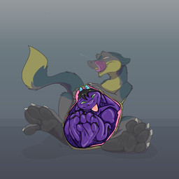 anthro belly big_belly big_feet black_hair blep bodily_fluids claws duo fangs feet fur green_eyes hair holding_belly horn hug hugging_another hugging_belly internal licking licking_lips male male/male male_pred male_prey narrowed_eyes oral oral_vore pawpads paws purple_body red_eyes saliva saliva_string same_size_vore simple_background sitting squeezing_belly tail tail_tuft teeth tight_belly tongue tongue_out tuft vore akudrache mythology brom_(sahurus) samagthra dragon mythological_creature mythological_scalie scalie sergal 1:1 absurd_res hi_res