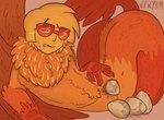 animal_genitalia anthro blush bodily_fluids cloaca egg eyewear feathers genital_fluids genitals glasses male orange_body oviposition simple_background solo sunglasses tail wings wywyrm homestuck ms_paint_adventures davesprite animal_humanoid avian bird humanoid sprite_(homestuck) digital_media_(artwork) hi_res