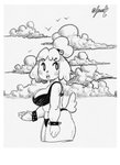 anthro big_breasts bikini border breasts clothing cloud ear_piercing female piercing slightly_chubby solo swimwear thick_thighs two-piece_swimsuit white_border wristband panthera_cantus animal_crossing nintendo isabelle_(animal_crossing) canid canine canis domestic_dog mammal hi_res monochrome sketch