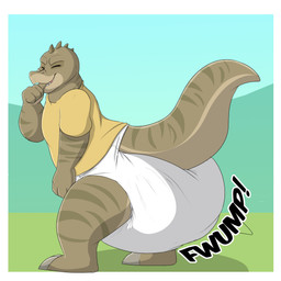 anthro clothed clothing diaper feces male pooping rear_view soiled_diaper soiling soiling_diaper solo unclean_diaper used_diaper using_diaper wearing_diaper baltnwolf dinosaur prehistoric_species reptile scalie 1:1 digital_media_(artwork) hi_res