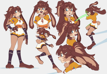 3_toes anthro barefoot blue_eyes bottomwear brown_body brown_fur brown_hair chest_tuft clothing countershade_feet countershading dolphin_shorts expressions feet female floppy_ears fur gloves green_lightsaber hair handwear leg_warmers legwear lightsaber long_ears looking_at_viewer lop_ears melee_weapon multiple_angles plantigrade ponytail shorts simple_background soles solo toes tuft weapon unseriousguy star_wars star_wars_visions lop_(star_wars_visions) domestic_rabbit lagomorph lepi leporid lop_rabbit mammal oryctolagus rabbit digital_media_(artwork) hi_res multiple_images