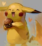 ambiguous_gender burger dipstick_ears ear_markings eyes_closed food heart_symbol multicolored_ears open_mouth solo yellow_body koriarredondo nintendo pokemon generation_1_pokemon pikachu pokemon_(species) signature