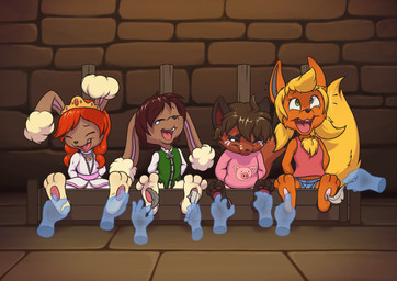 anthro biped black_hair black_nose blonde_hair blue_bottomwear blue_clothing blue_shorts bottomwear bound brown_body brown_fur brown_hair chest_tuft clothed clothing denim denim_bottomwear denim_clothing denim_shorts disembodied_hand dress dungeon ear_tuft eyebrows eyes_closed feet female fluffy fluffy_tail fur group hair inside mouth_closed open_mouth orange_body orange_fur pigtails red_clothing red_hair red_shirt red_tank_top red_topwear restraints shirt short_hair shorts stocks sweater tail tank_top teeth tickle_fetish tickling tickling_feet tongue topwear tuft vest white_clothing white_dress white_shirt white_topwear yellow_tail young young_anthro young_female minum nintendo pokemon buneary eeveelution flareon generation_1_pokemon generation_4_pokemon generation_8_pokemon nickit pokemon_(species) 2026 absurd_res hi_res