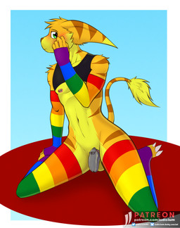 anthro arm_warmers armwear blush chastity_cage chastity_device clothing crop_top femboy kneeling legwear lgbt_pride male metal_chastity_cage nipple_piercing nipples piercing pride_colors rainbow shirt shy slim solid_chastity_cage solo stockings thigh_highs topwear wearing_chastity_cage wearing_chastity_device iudicium86 ratchet_and_clank sony_corporation sony_interactive_entertainment ratchet_(ratchet_and_clank) lombax mammal hi_res