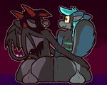 2024 2_horns anthro anthro_on_anthro azazel_(blissman2020) backsack balls big_butt black_hair blue_body blue_fur blue_hair blush brown_pupils butt butt_grab butt_heart butt_rub butt_squish butts_together butts_touching canid canine canis demon domestic_dog duo fur genitals green_body green_fur green_stripes grey_balls grey_body grey_fur grey_inner_ear grey_perineum grin hair hand_on_butt horn interspecies jacob_blackberry male male/male mammal motion_lines nude perineum pupils raised_tail rear_view red_hair red_horn sharp_teeth smile spade_tail squish stripes surprised tail teeth ultilix yellow_eyes yellow_sclera