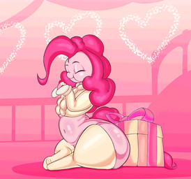 backpack belly big_belly big_butt bodily_fluids box butt clothing container dessert doughnut eating eating_food eyes_closed female feral food genitals gift gift_box gloves hair handwear heart_symbol huge_belly huge_butt huge_thighs internal lingerie lingerie_on_feral mitten_hands pastry pink_backpack pink_body ponytail sitting smile smiley_face solo sweat sweater sweaty_butt sweaty_genitalia sweaty_legs thick_thighs topwear wall_(structure) wide_hips spikelove15 friendship_is_magic hasbro my_little_pony pinkie_pie_(mlp) equid equine horse mammal pony absurd_res hi_res