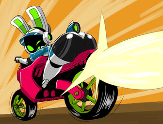 anthro armor big_butt butt clothing electronics female green_eyes green_inner_ear green_mouth headgear headphones headset helmet long_ears looking_at_viewer machine motorcycle one_eye_closed rear_view screen screen_face solo thick_thighs vehicle white_ears wink vono project_turboblast tempo_(project_turboblast) lagomorph leporid mammal rabbit robot robot_anthro 2025 digital_media_(artwork) hi_res shaded