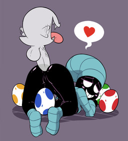 all_fours anal anal_penetration balls big_breasts black_body black_skin bottomless breasts butt clothed clothing dark_body dark_skin doggystyle duo egg erection fangs female female_penetrated footwear from_behind_position genitals happy happy_sex heart_symbol legwear looking_back male male/female male_penetrating male_penetrating_female not_furry penetration penis sex smile socks teeth tongue tongue_out under_boob vulva miscon activision mario_bros nintendo spyro_the_dragon egg_thief boo_(mario) ghost humanoid spirit crossover