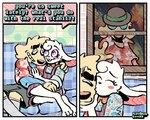 2_panel_comic 3_toes 4_fingers aloha_shirt anthro barefoot bottomwear bow_tie clothing dialogue eyelashes eyes_closed eyewear feet fingers footwear fur furniture grin group happy hat headgear headwear inside kissing_cheek knee_highs knee_socks legwear male male/male open_mouth open_smile overalls pattern_clothing pattern_shirt pattern_topwear purple_eyes shirt shorts smile socks sofa sunglasses teeth text toes tooth_gap topwear trio white_body white_fur window yellow_body yellow_fur rawdawgcomics rawdawgcomics_(series) bingus_(rawdawgcomics) stahli_(rawdawgcomics) canid canine canis domestic_dog lagomorph leporid mammal rabbit 2025 comic digital_media_(artwork) english_text