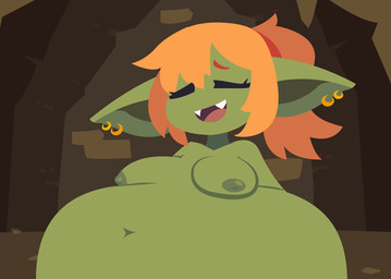 belly big_belly breasts ear_piercing female green_body green_skin hair inside nipples nude orange_hair overweight piercing solo smuggoblin goblin 2026