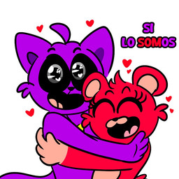 anthro duo female heart_symbol hug male purple_body red_body simple_background text white_background rocketlennon mob_entertainment poppy_playtime smiling_critters bobby_bearhug catnap_(poppy_playtime) bear domestic_cat felid feline felis mammal spanish_text