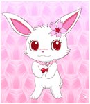 accessory anthro blush female female_anthro flower flower_in_hair fur genitals hair hair_accessory jewelry logo necklace pattern_background plant pussy red_eyes simple_background solo white_body white_fur pichu90 jewelpet sanrio sega_fave ruby_(jewelpet) lagomorph leporid mammal rabbit 2015 artist_logo