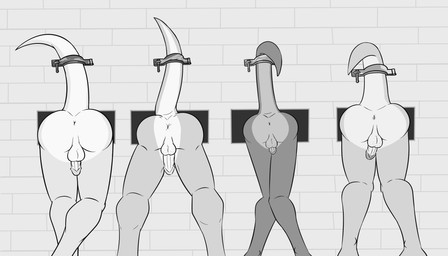 anthro anus balls big_butt brick brick_wall butt butt_focus circumcised genitals glory_wall group lineup male nude penis presenting presenting_anus presenting_hindquarters raised_tail restrained shaved_balls small_butt tail wall_(structure) fuze mythology dragon mythological_creature mythological_scalie scalie 7:4 absurd_res black_and_white hi_res monochrome