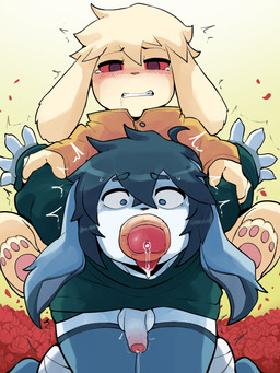 all_the_way_through anal anthro arm_pull bandage blue_body blue_eyes blue_fur bodily_fluids clenched_teeth clothed clothed_sex clothing drugged drugged_sex duo foreskin fur genitals long_ears long_penis male male/male oral penetration penis penis_in_mouth red_eyes saliva scared sex shocked substance_intoxication tears teeth tongue tongue_out white_body white_fur yellow_body yellow_fur horu horu_111 cave_story frosh lagomorph mammal mimiga 3:4 hi_res