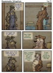 2013 anthro athletic canid canine casual_nudity clothed clothing comic dialogue duo english_text eyes_closed fur hands_on_hips k-9 lamp male mammal mustelid nude otter overalls smile surprise text