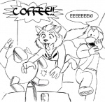 anthro beverage coffee female food group machine male tail anthony_sarkasuo freefall_(webcomic) florence_ambrose helix_(freefall) sam_starfall bowman's_wolf canid canine canis mammal red_wolf robot wolf 2004 black_and_white monochrome traditional_media_(artwork)