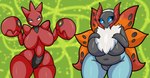 absurd_res anthro big_breasts blush breasts chest_tuft duo featureless_breasts female generation_2_pokemon generation_5_pokemon hi_res huge_breasts looking_at_viewer multi_wing nintendo pokemon pokemon_(species) scizor slightly_chubby slightly_chubby_female someth1ngoranother thick_thighs tuft volcarona wide_hips wings