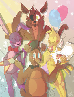 anthro bib blue_eyes bottomwear bow_(feature) bow_tie brown_body brown_fur clothing electric_guitar electronics eye_patch eyes_closed eyewear food fur glowing glowing_eyes group guitar hat headgear headwear hook hook_hand machine microphone musical_instrument pants pirate pizza plucked_string_instrument string_instrument teeth top_hat yellow_eyes noeh_bloo_(artist) five_nights_at_freddy's scottgames bonnie_(fnaf) chica_(fnaf) foxy_(fnaf) freddy_(fnaf) animatronic avian bear bird canid canine chicken fox galliform lagomorph leporid mammal phasianid rabbit robot