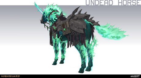 ambiguous_feral ambiguous_gender armor black_armor blue_body blue_hooves blue_skin blue_teeth book brown_markings butt chain clothed clothed_ambiguous clothed_feral clothing colored_fire company_name dagger feral fire flaming_hair flaming_mane flaming_tail glowing glowing_horn gradient_background green_fire green_mane green_tail hooves horn light long_horn mane markings melee_weapon mouth_closed multicolored_body multicolored_tail pseudo_hair pseudo_mane quadruped reins saddle sheathed_dagger short_mane simple_background solo standing tail teal_mane teal_tail teeth text three-quarter_view unguligrade weapon white_eyes white_horn nicholas_patrick_kelana highguard_(game) mythology equid equine hybrid mammal mythological_creature mythological_equine undead unicorn 2026 absurd_res colored concept_art digital_drawing_(artwork) digital_media_(artwork) english_description english_text hi_res lighting official_art shaded