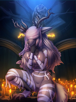 anthro areola bandage big_breasts breasts candle claws detailed_background female fist fur genitals grey_body grey_fur hair horn inside navel smile solo vulva general-irrelevant bloodborne fromsoftware sony_corporation sony_interactive_entertainment vicar_amelia beast_(bloodborne) canid mammal 3:4 digital_media_(artwork) hi_res