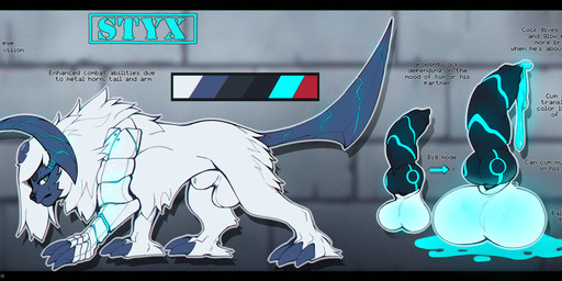 3_toes animal_genitalia balls blue_eyes bodily_fluids claws cum cybernetic_arm cybernetic_limb erection eye_scar facial_scar feet feral front_view fur genital_fluids genitals heterochromia horn knot knotted_penis looking_at_viewer looking_back male penis red_eyes scar sheath side_view solo standing text toe_claws toes white_body white_fur chloe-dog nintendo pokemon styx_(blue-wolfy) absol generation_3_pokemon pokemon_(species) 2026 absurd_res digital_drawing_(artwork) digital_media_(artwork) english_text hi_res model_sheet